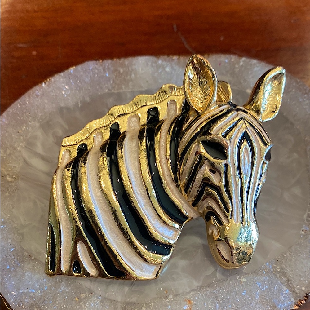 Gold Tone and Enamel Zebra Brooch/Pendant